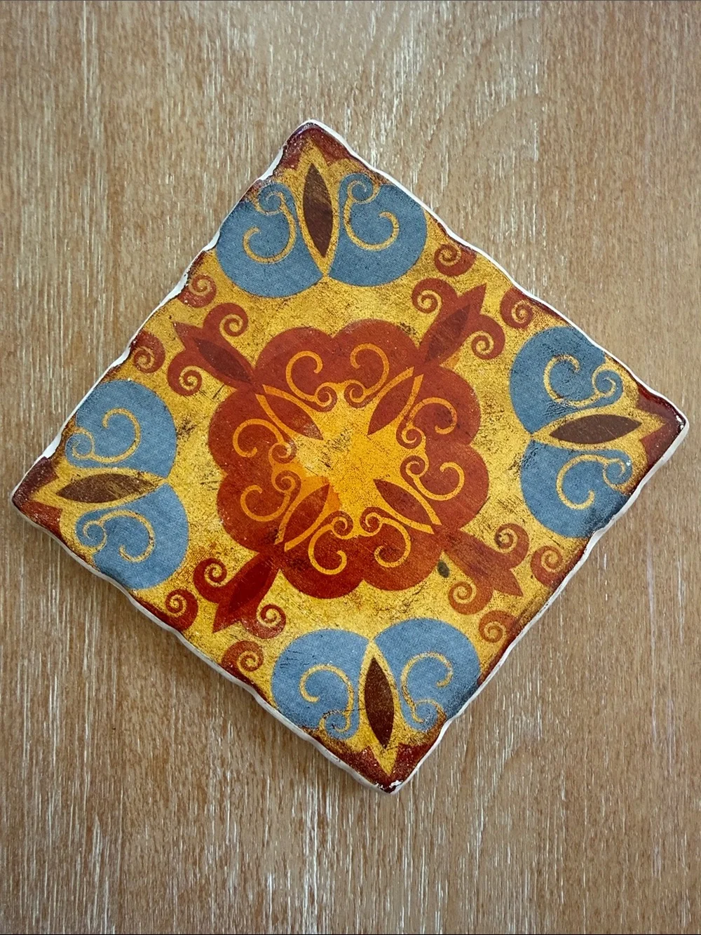 Pier 1 Ceramic Tile Coasters in Red, Gold & Blue Patterned Set